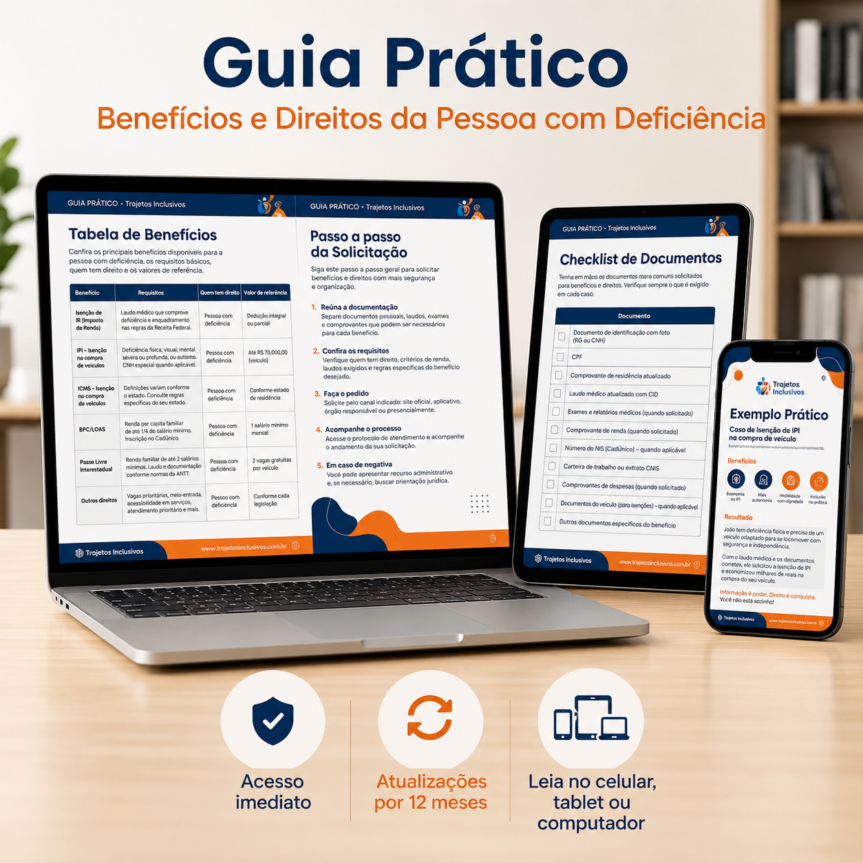 Mockup do Guia Prático exibido em notebook, tablet e celular, mostrando páginas com tabela de benefícios, passo a passo, checklist de documentos e exemplo prático.